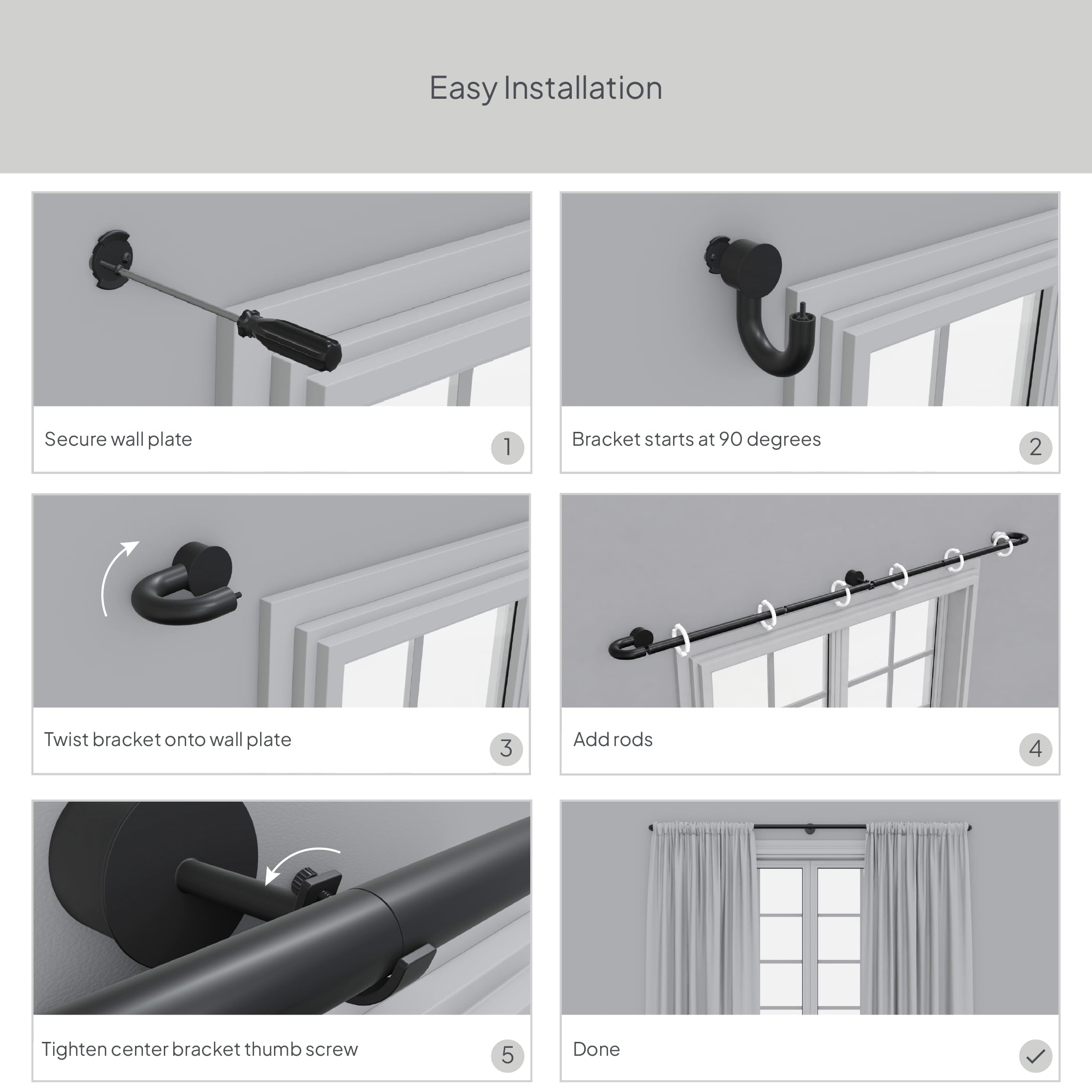  1" Brass Swooping Adjustable Single Curtain Rod, 32-120"