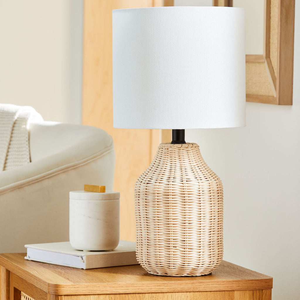  18" Woven Rattan Table Lamp, Natural Finish