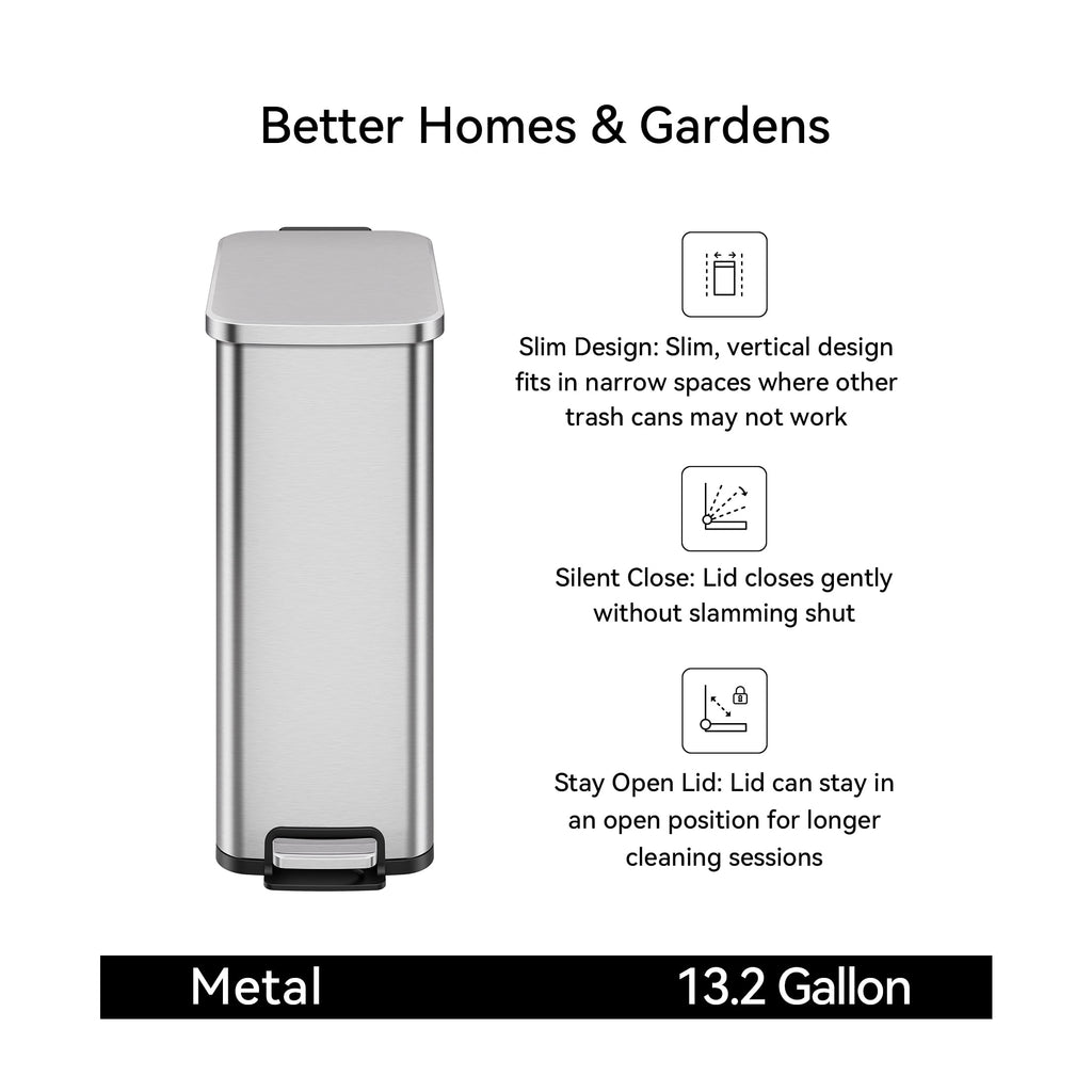  Kitchen Trash Can, 13.2 Gallon Stainless Steel Slim Step Garbage Bin with Soft Close Lid, Silver