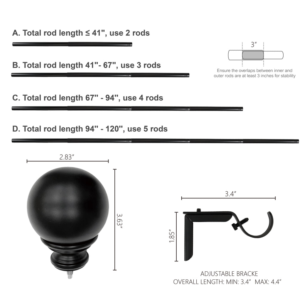  1" Matte Black Metal Ball Single Curtain Rod 32-120"