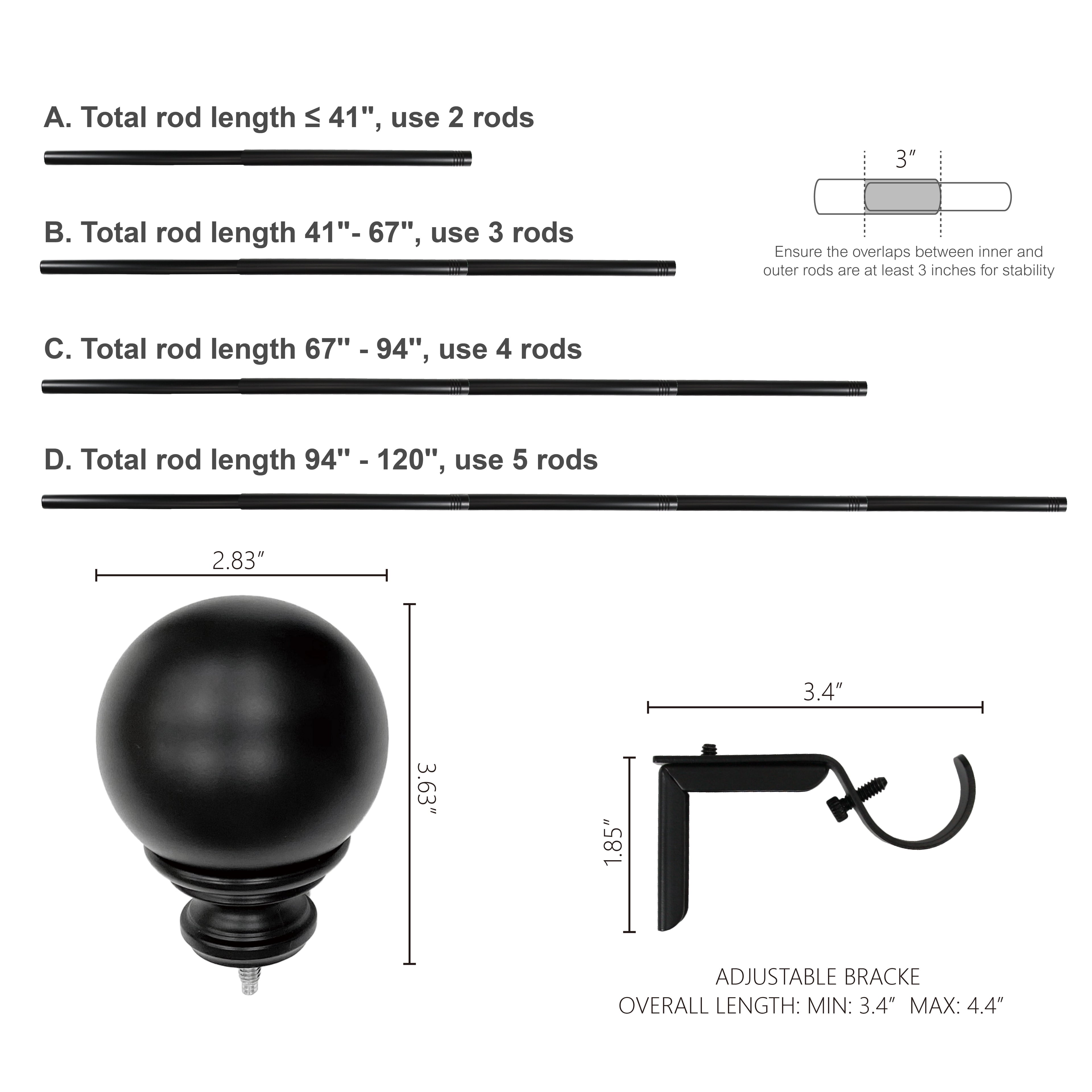 1" Matte Black Metal Ball Single Curtain Rod 32-120"