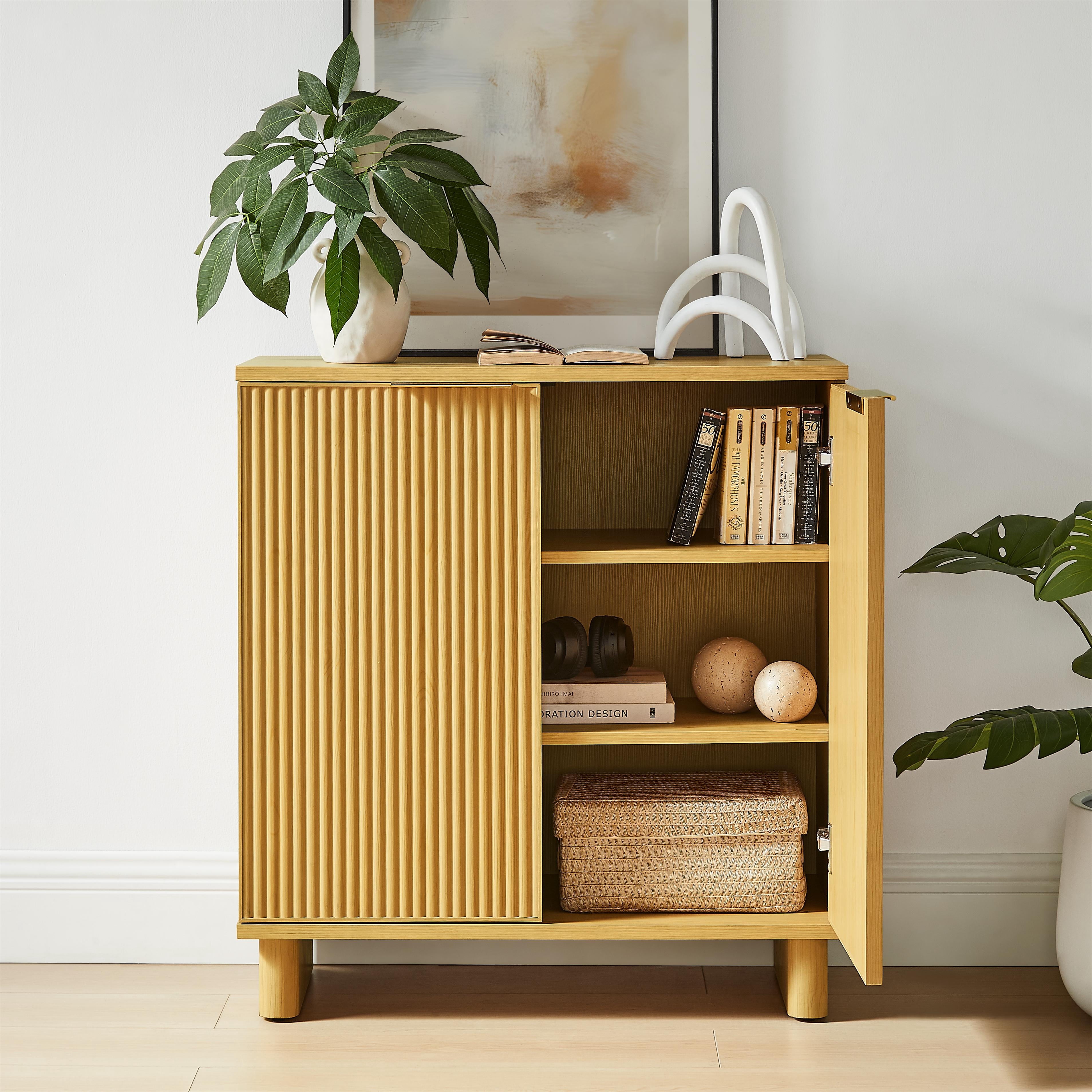 Lillian Fluted Accent Cabinet, Natural Pine Finish