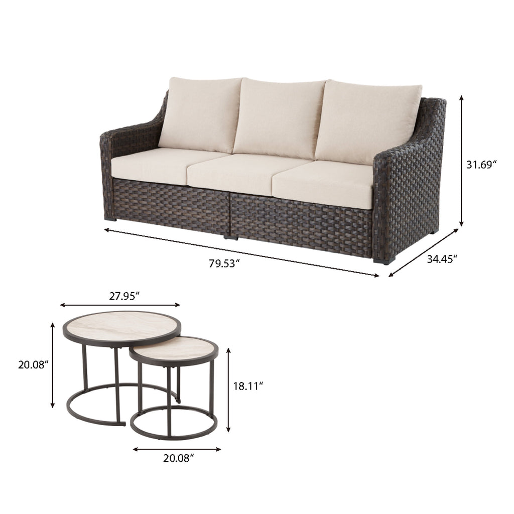  River Oaks Outdoor Sofa & 2 Nesting Tables with Patio Cover, Dark Brown