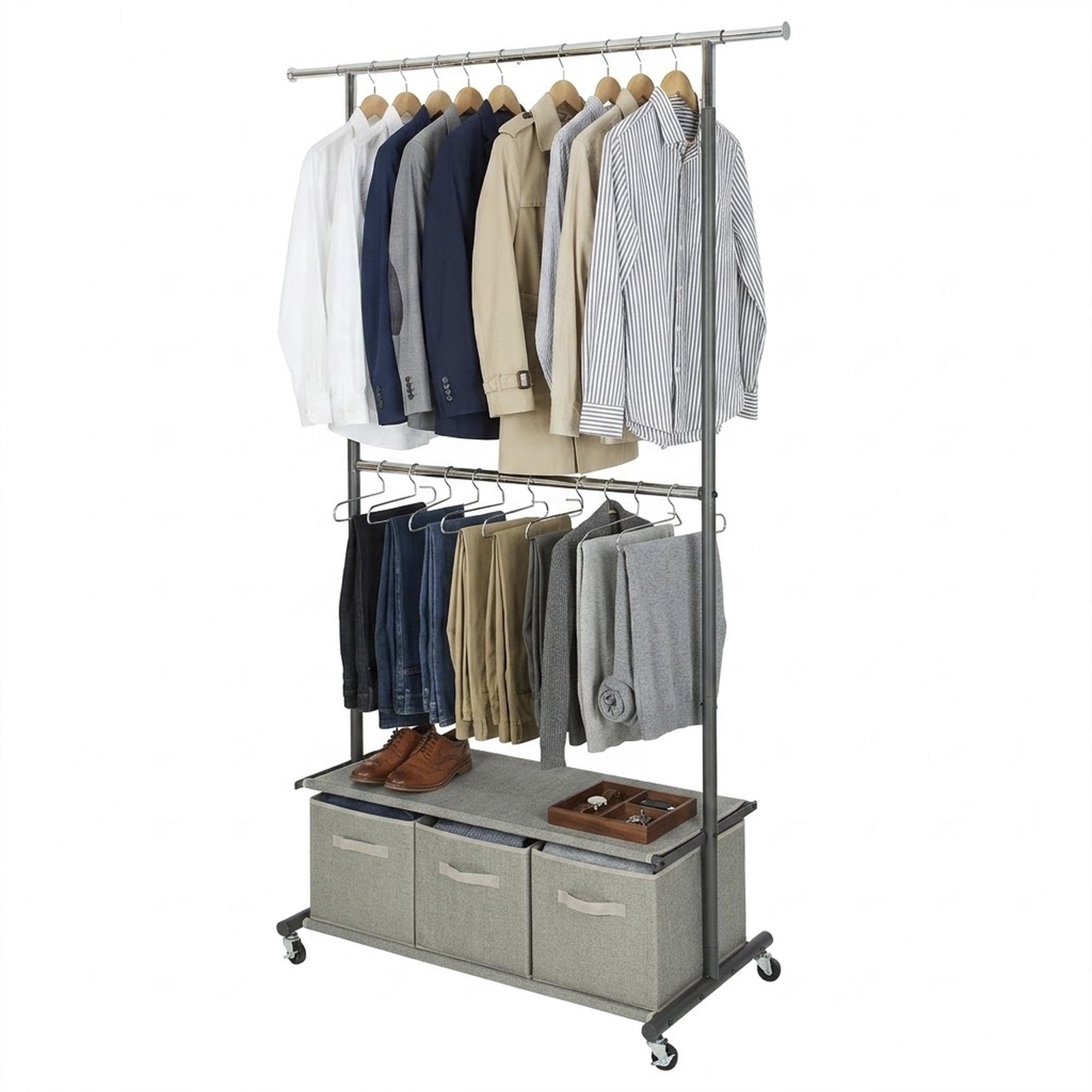  2-Tier Metal Rolling Garment Rack with 3 Drawer Closet Organizer, Gray