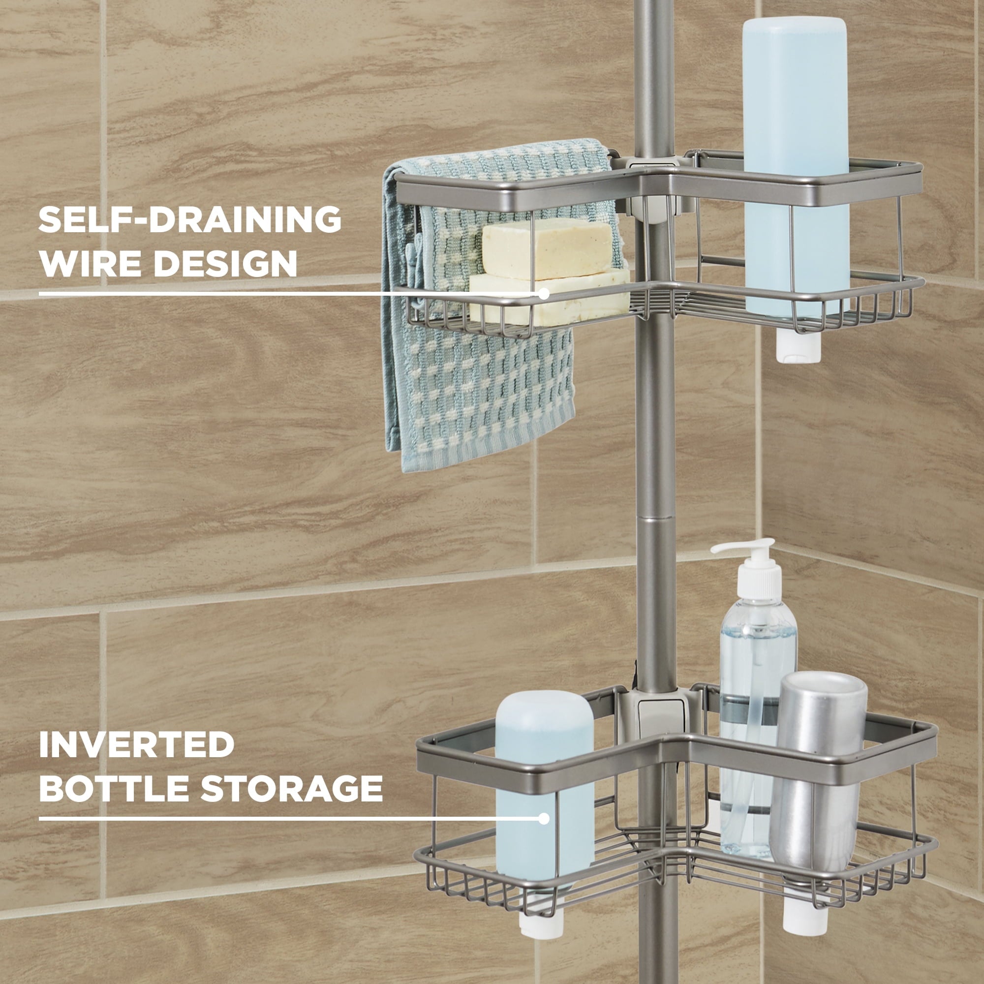  Adjustable Tension Steel Shower Pole Caddy, 4 Shelves, Satin Nickel