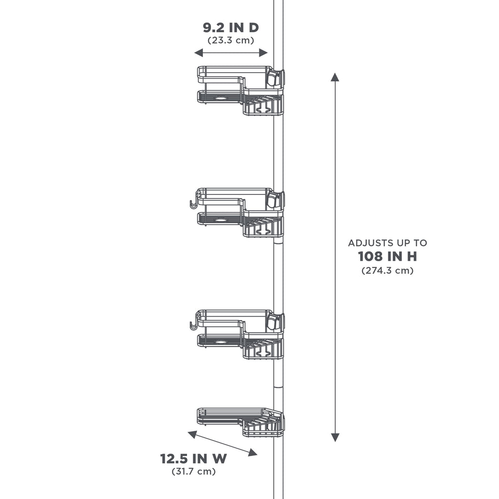  Adjustable Tension Steel Shower Pole Caddy, 4 Shelves, Satin Nickel