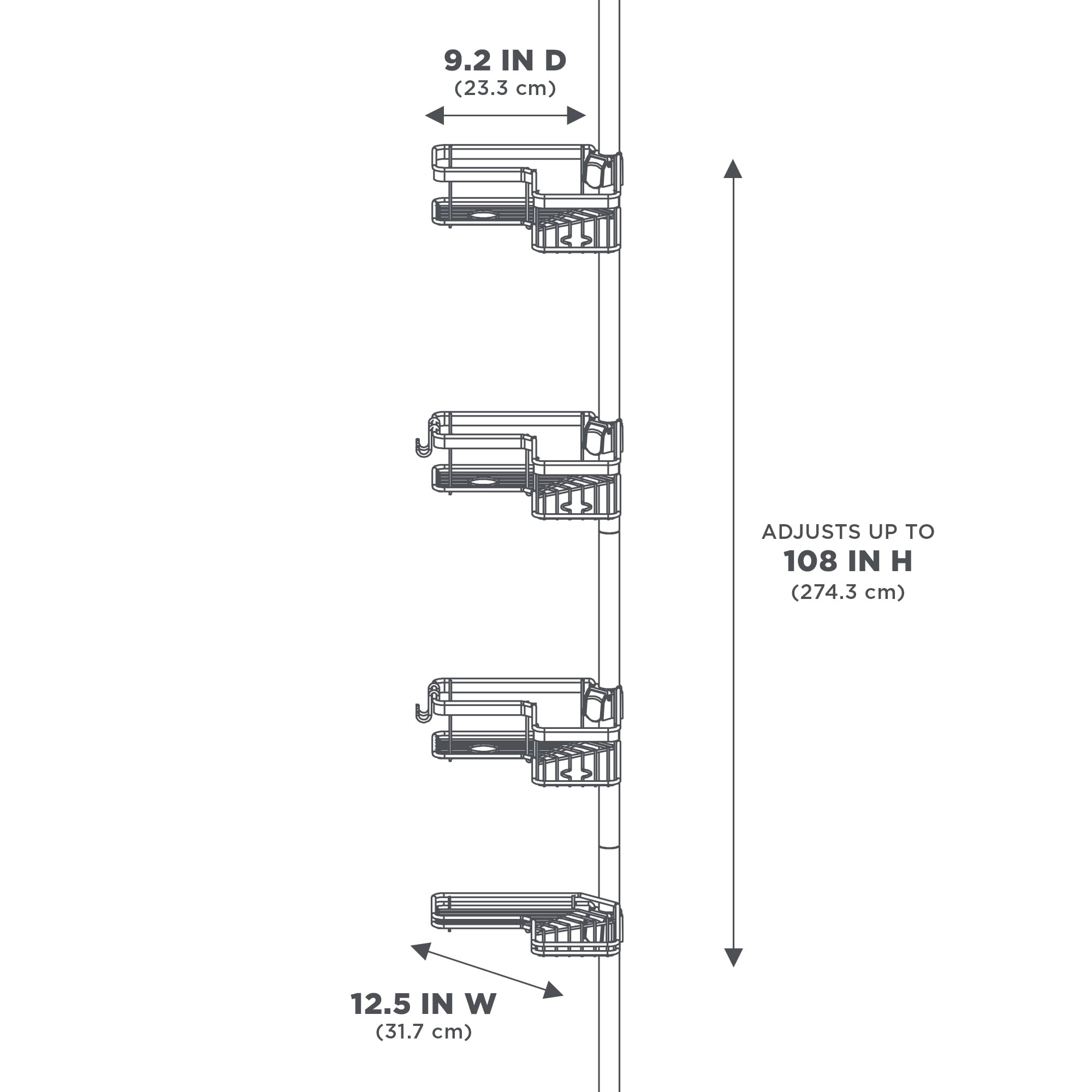  Adjustable Tension Steel Shower Pole Caddy, 4 Shelves, Satin Nickel