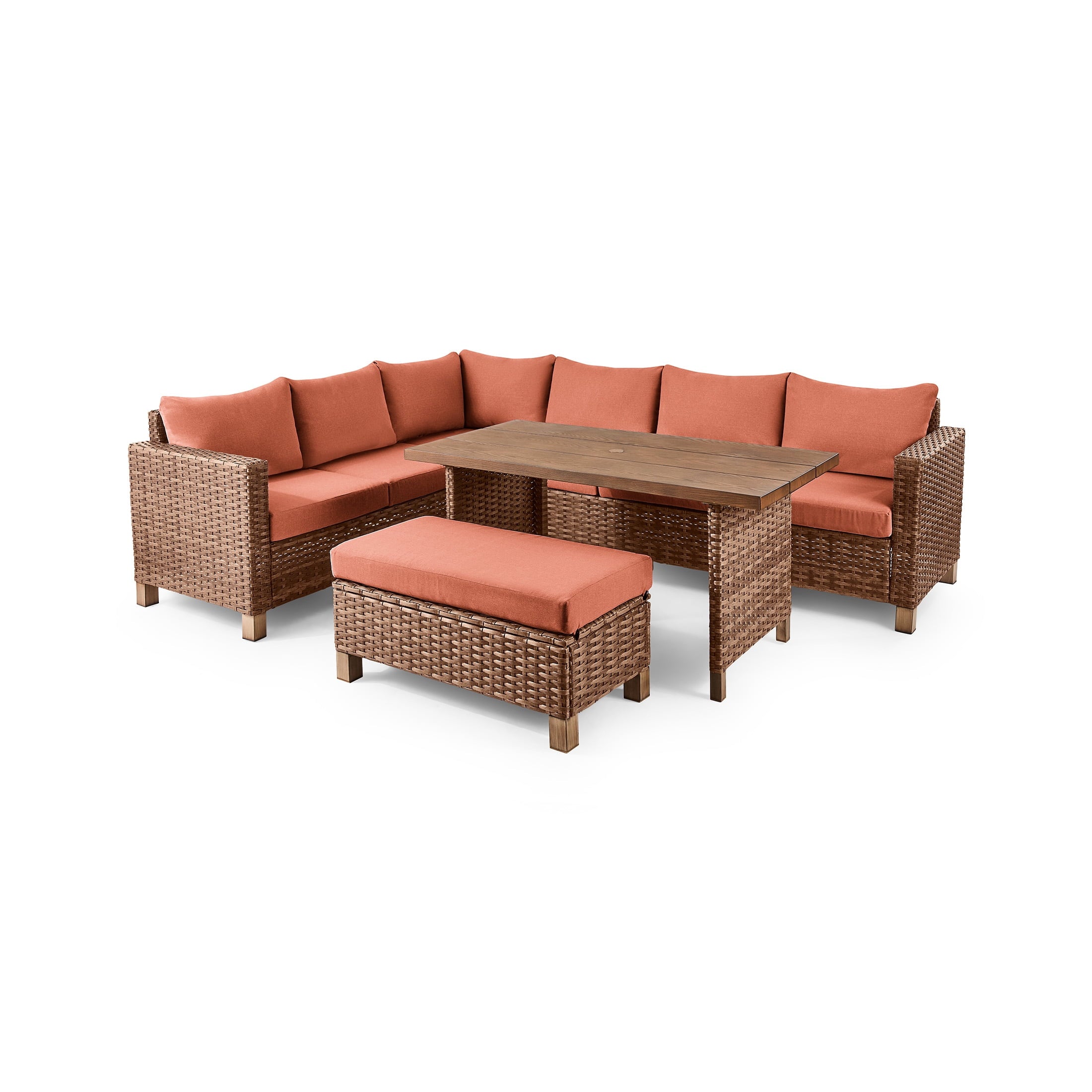  Brookbury 4-Piece Outdoor Wicker Patio Sectional Dining Set, Terracotta Cushions