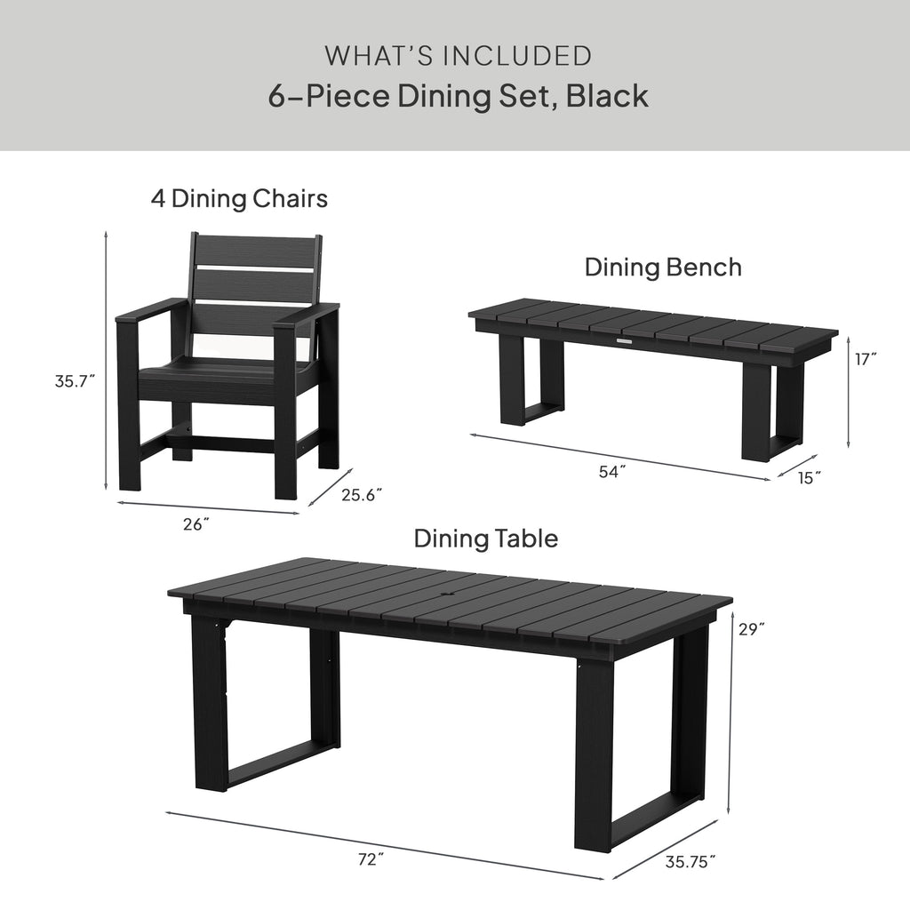  Ezra 6-Piece Outdoor HDPE Dining Set with Bench, Black