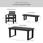  Ezra 6-Piece Outdoor HDPE Dining Set with Bench, Black