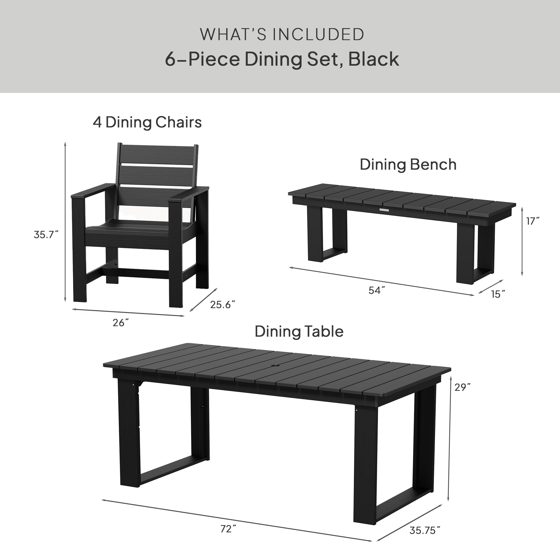  Ezra 6-Piece Outdoor HDPE Dining Set with Bench, Black
