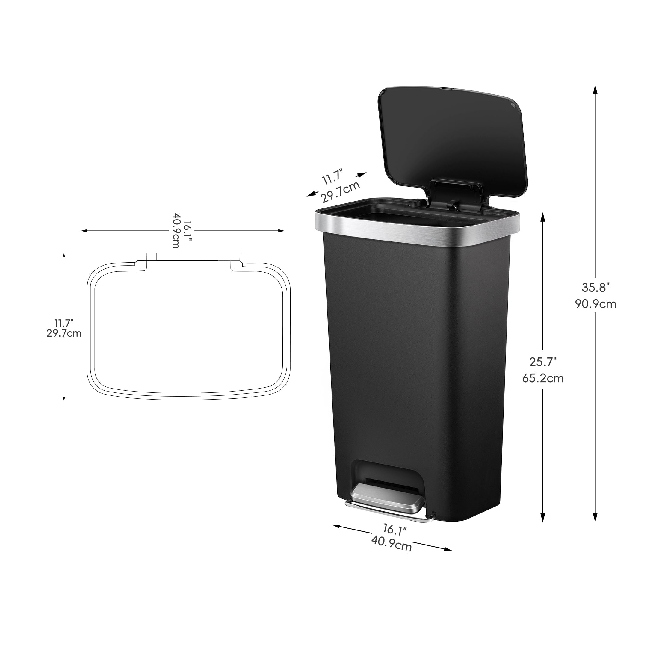  Kitchen Trash Can, 11.9 Gallon Plastic Step Garbage Bin with Soft Close Lid, Black