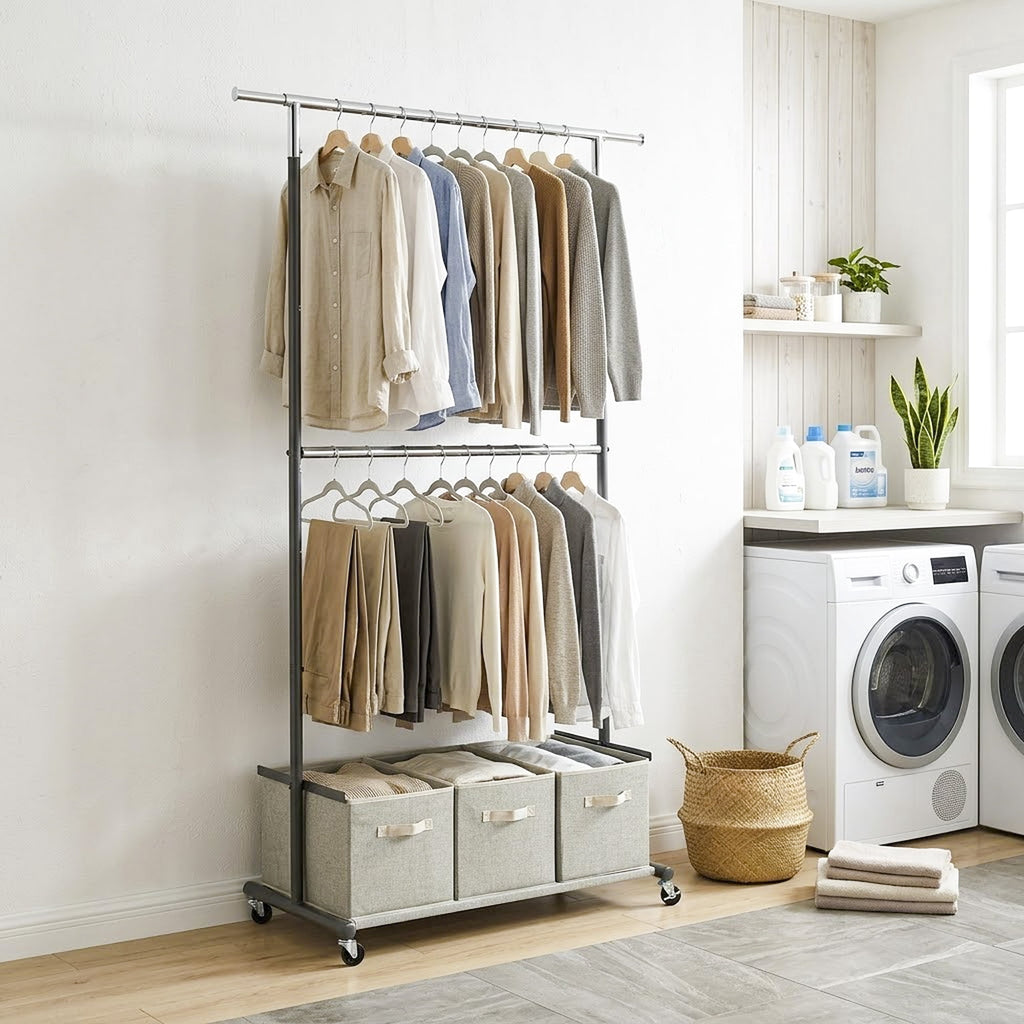  2-Tier Metal Rolling Garment Rack with 3 Drawer Closet Organizer, Gray