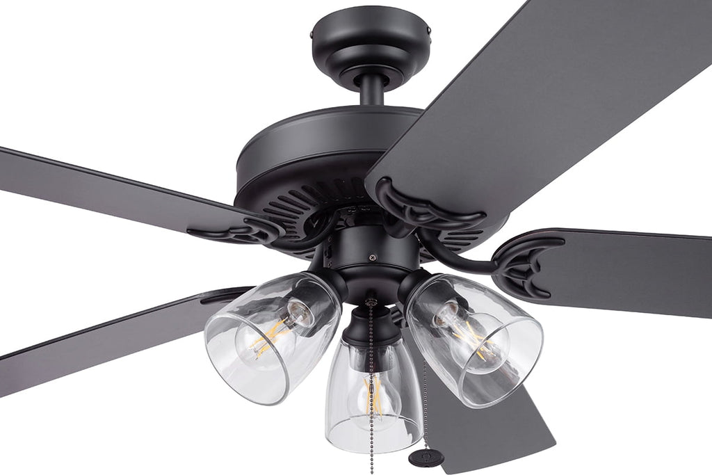  52" Matte Black Indoor Ceiling Fan with Light, 5 Blades, Pull Chains & Reverse Airflow
