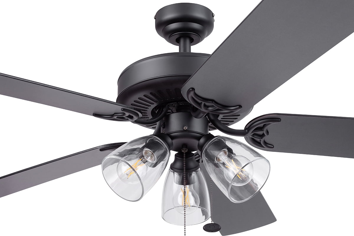  52" Matte Black Indoor Ceiling Fan with Light, 5 Blades, Pull Chains & Reverse Airflow