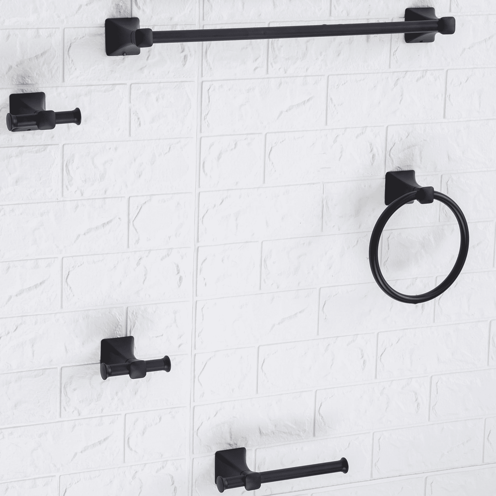  Steel Wall Mount 5PC Bath Hardware and Towel Holder Set Matte Black, Horizontal Orientation