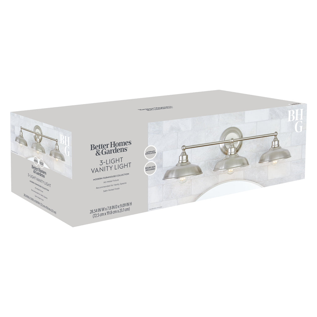  28.5" Farmhouse-Style 3-Head Vanity Light , Satin Nickel Finish, E26 Socketed