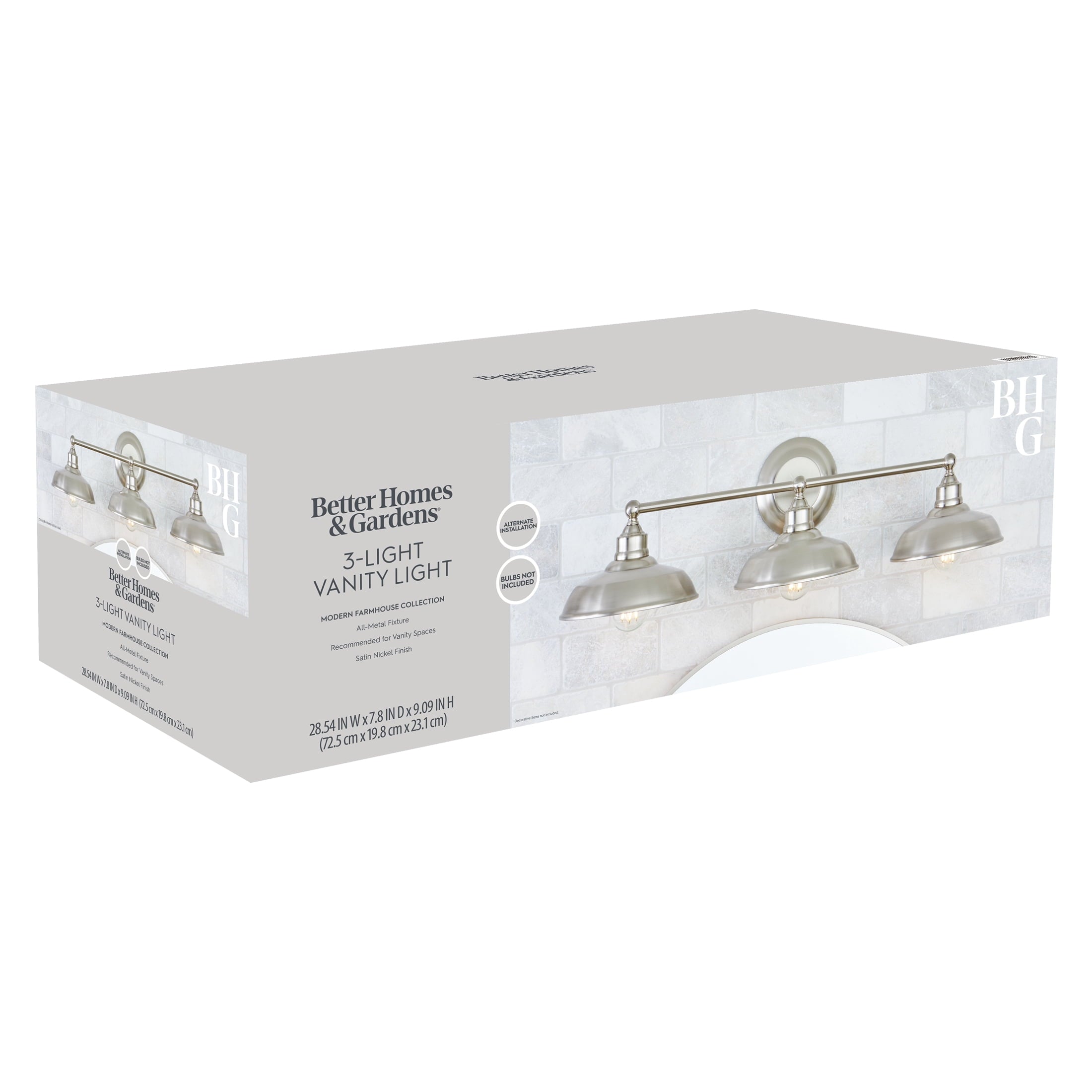  28.5" Farmhouse-Style 3-Head Vanity Light , Satin Nickel Finish, E26 Socketed