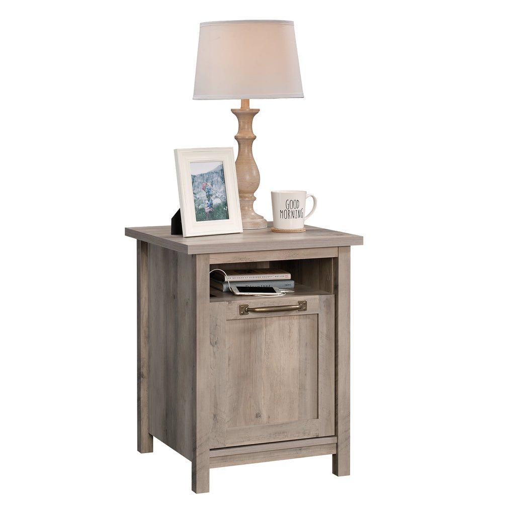  Modern Farmhouse Side Table with USB, Rustic Gray Finish