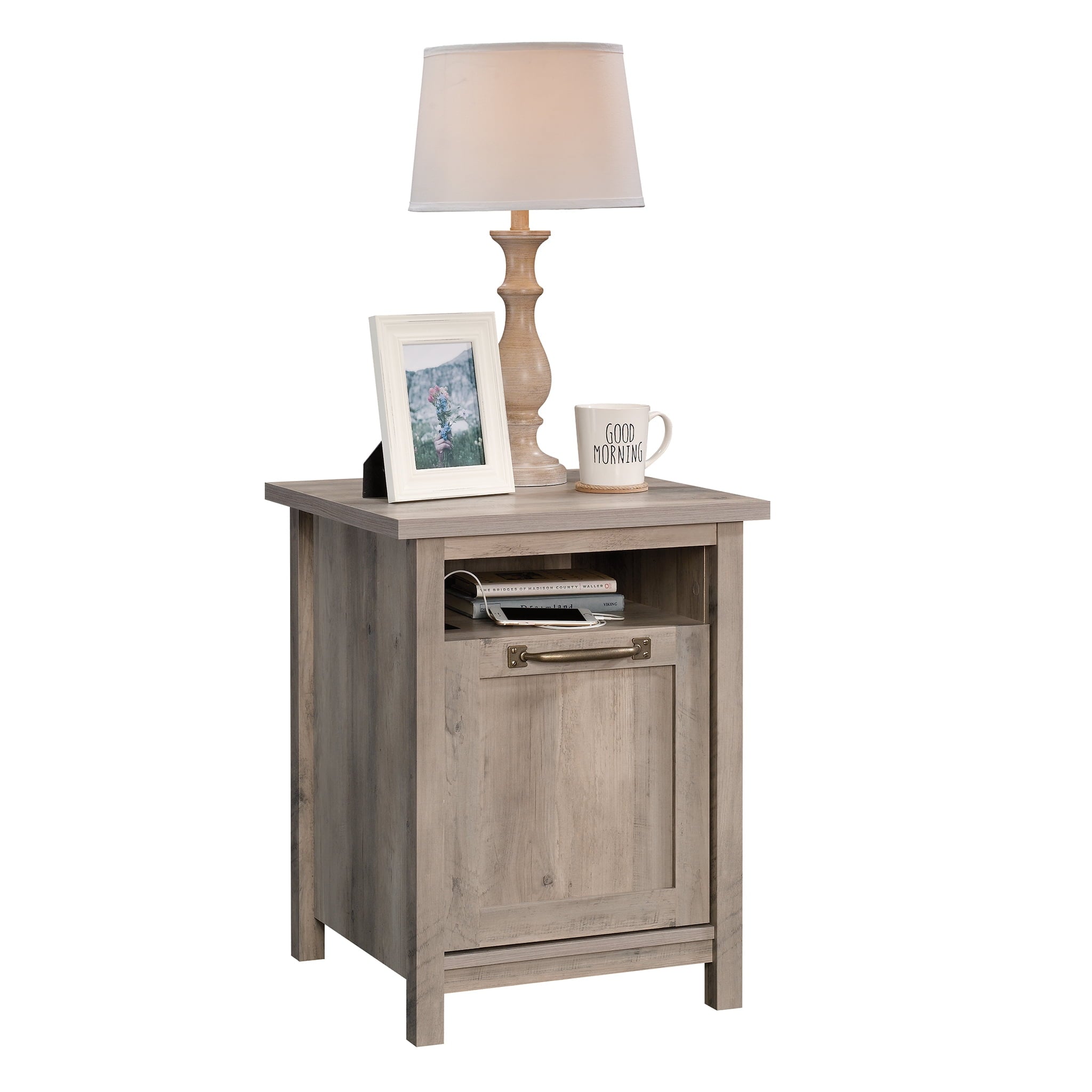  Modern Farmhouse Side Table with USB, Rustic Gray Finish