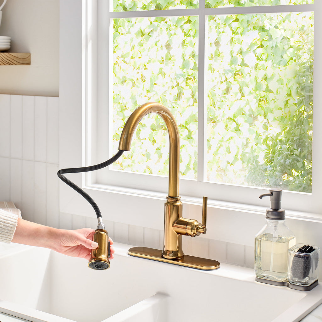  Modern Heirloom Pull Down Kitchen Faucet, Heritage Gold