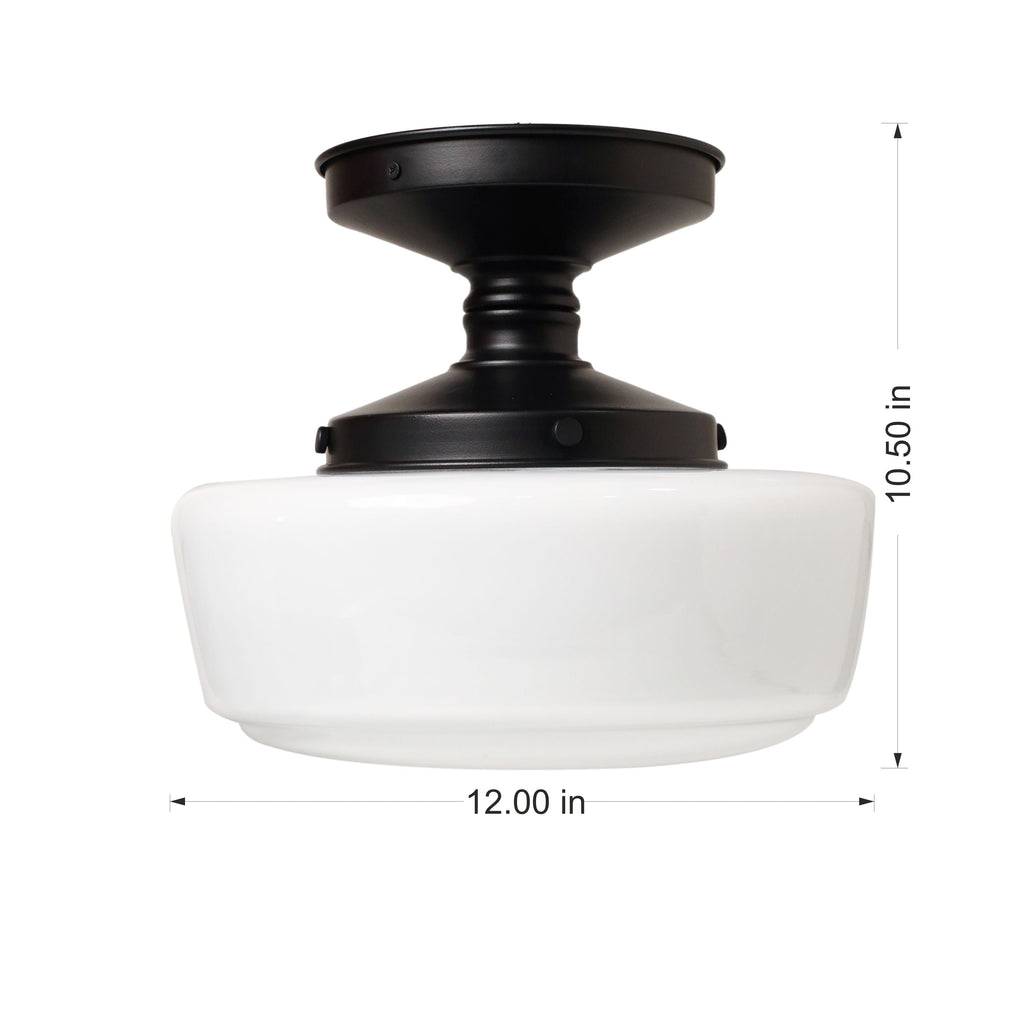  12in Black Metal and Milk Glass Semi Flush Light, Bulb Not Included