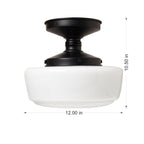  12in Black Metal and Milk Glass Semi Flush Light, Bulb Not Included