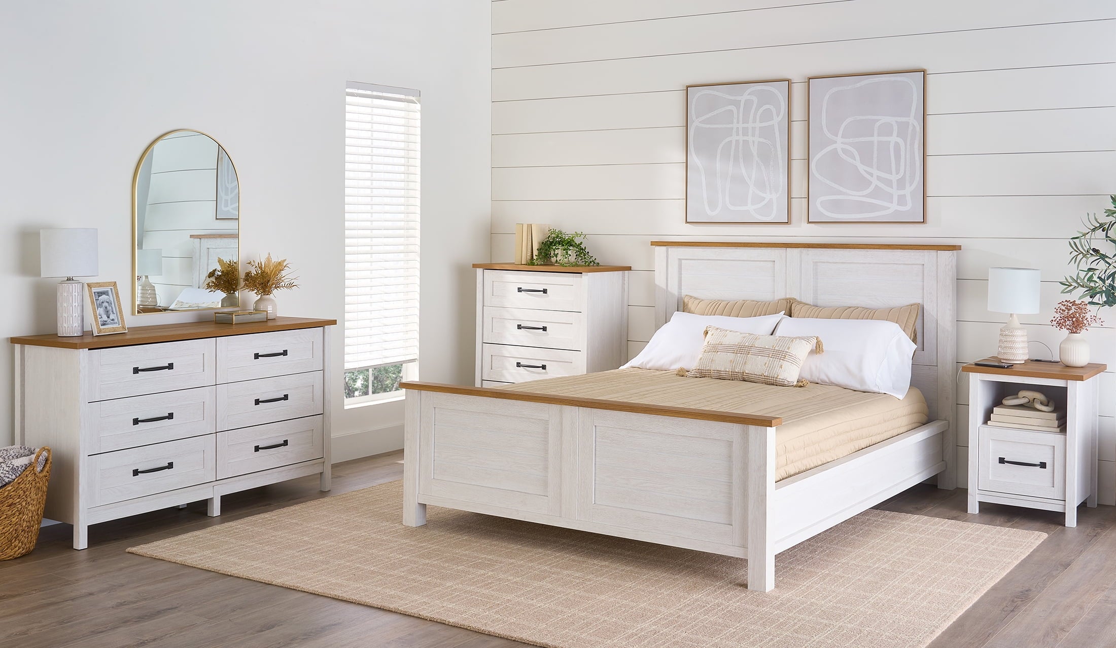  Modern Farmhouse 56.85" Wide 6 Drawer Dresser, Alabaster and Light Honey Finish