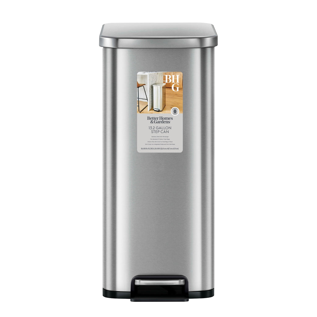  Kitchen Trash Can, 13.2 Gallon Stainless Steel Slim Step Garbage Bin with Soft Close Lid, Silver