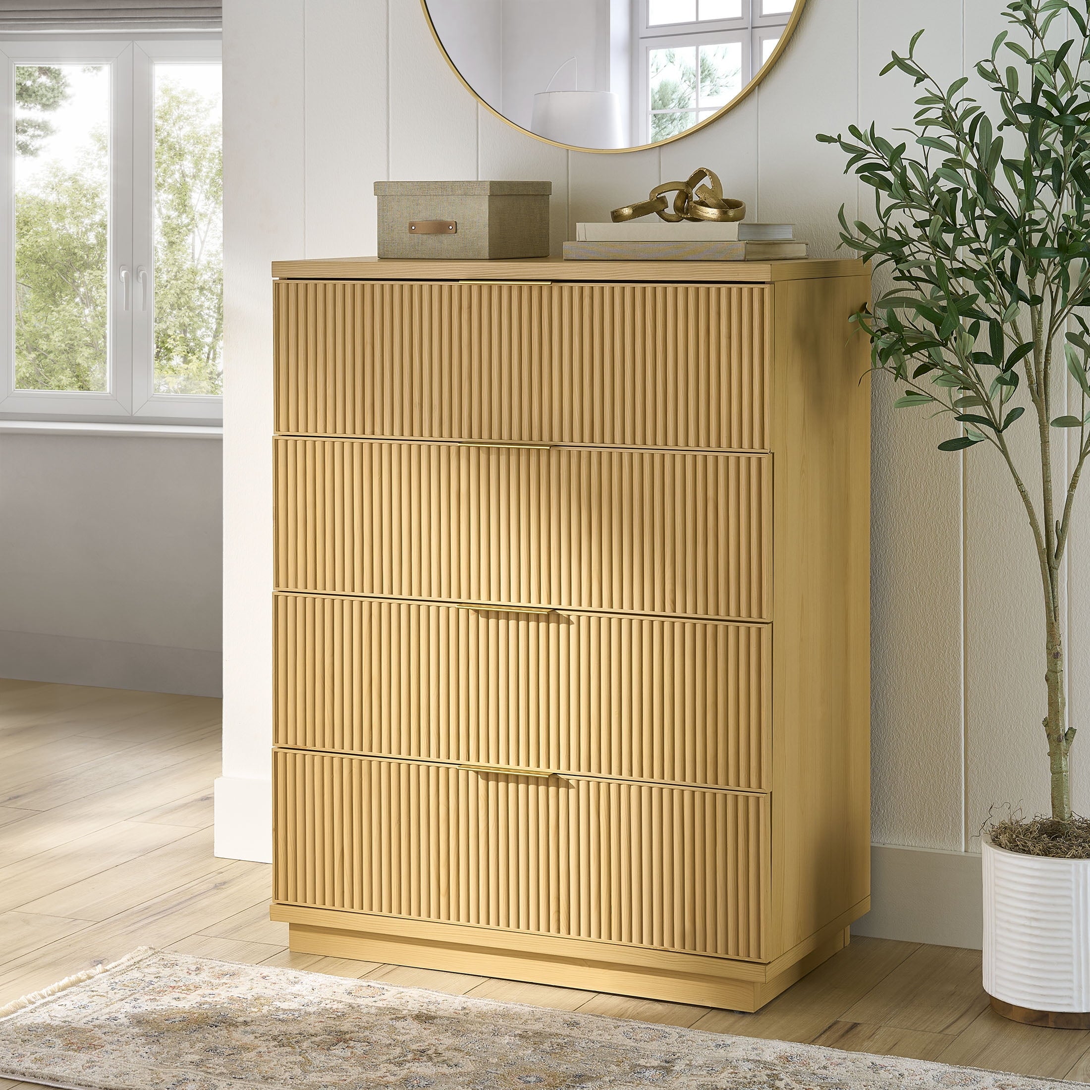  Lillian 4 Drawer Dresser and 2 Nightstands Bedroom Set, Natural Pine