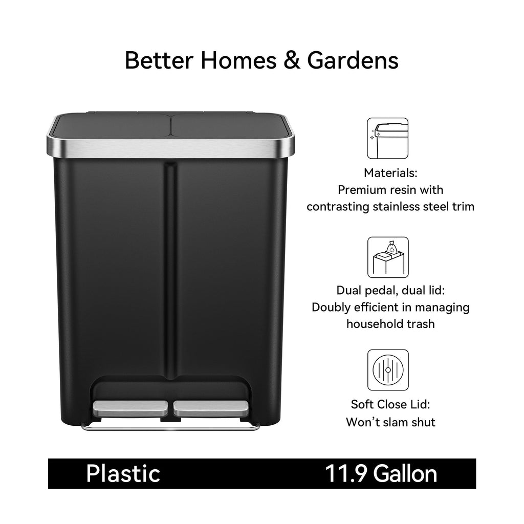  Kitchen Recycle Trash Can, 16 Gallon Plastic Dual Compartment Step Garbage Bin, Black