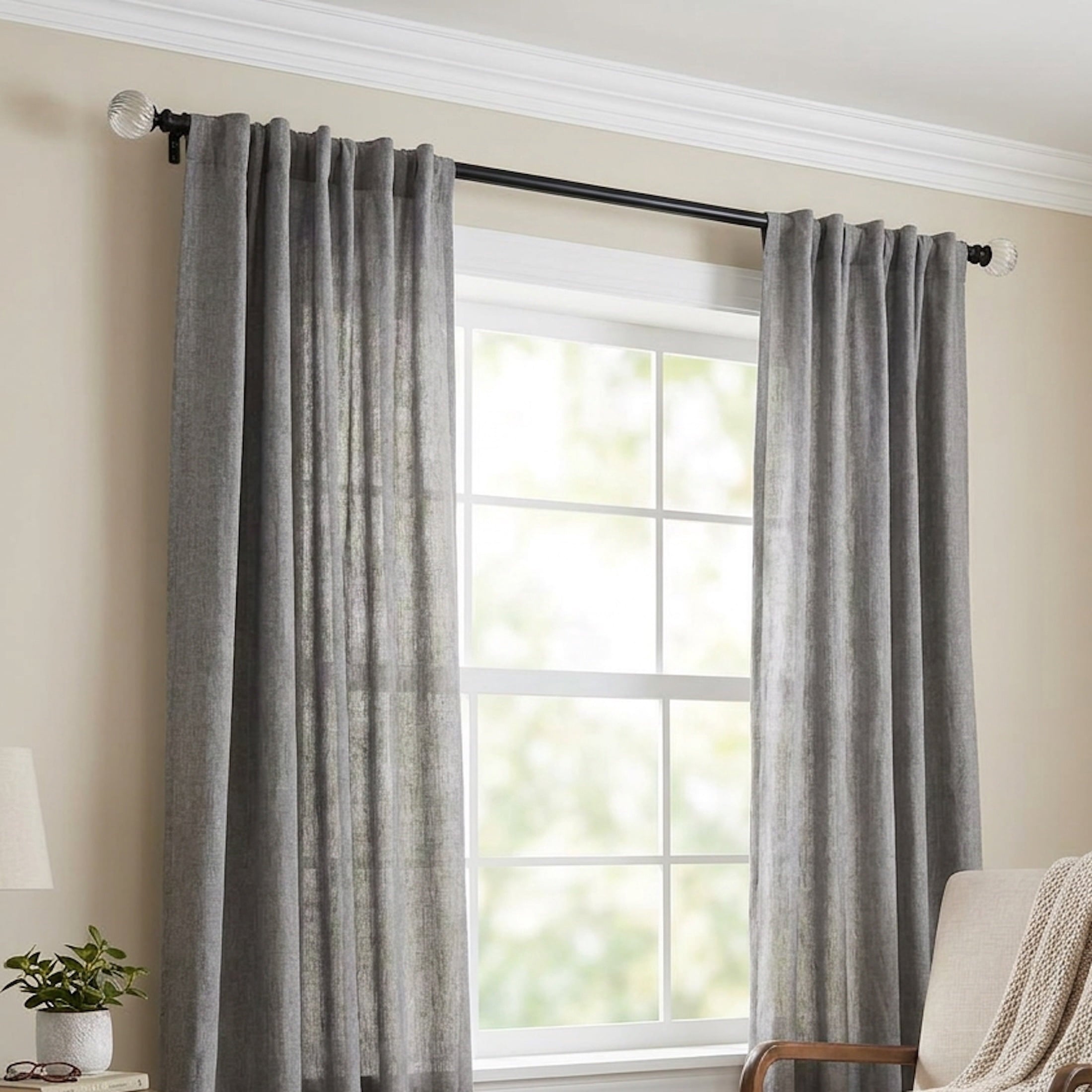  1" Matte Black and Clear Twisted Sphere Adjustable Single Curtain Rod, 32-120"