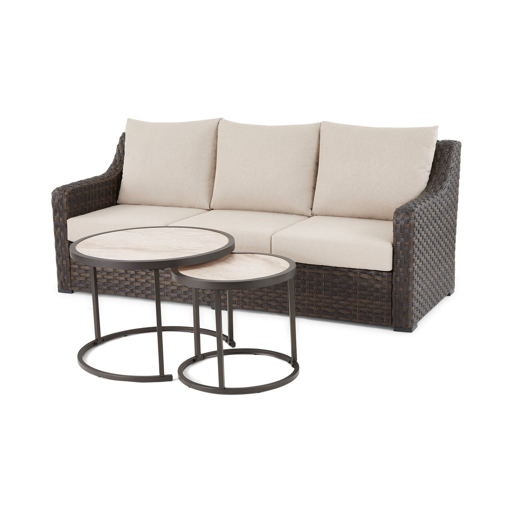  River Oaks Outdoor Sofa & 2 Nesting Tables with Patio Cover, Dark Brown