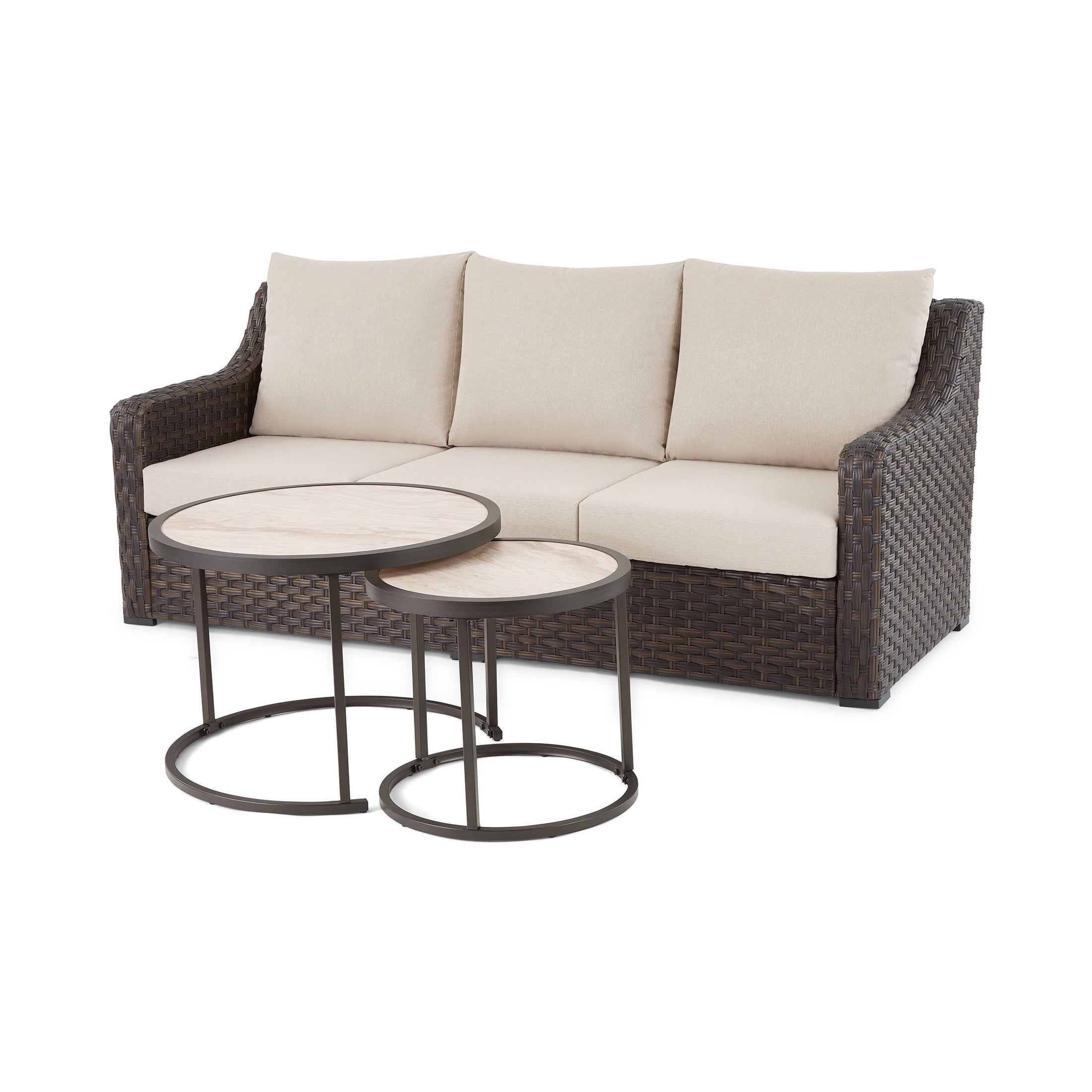 River Oaks Outdoor Sofa & 2 Nesting Tables with Patio Cover, Dark Brown