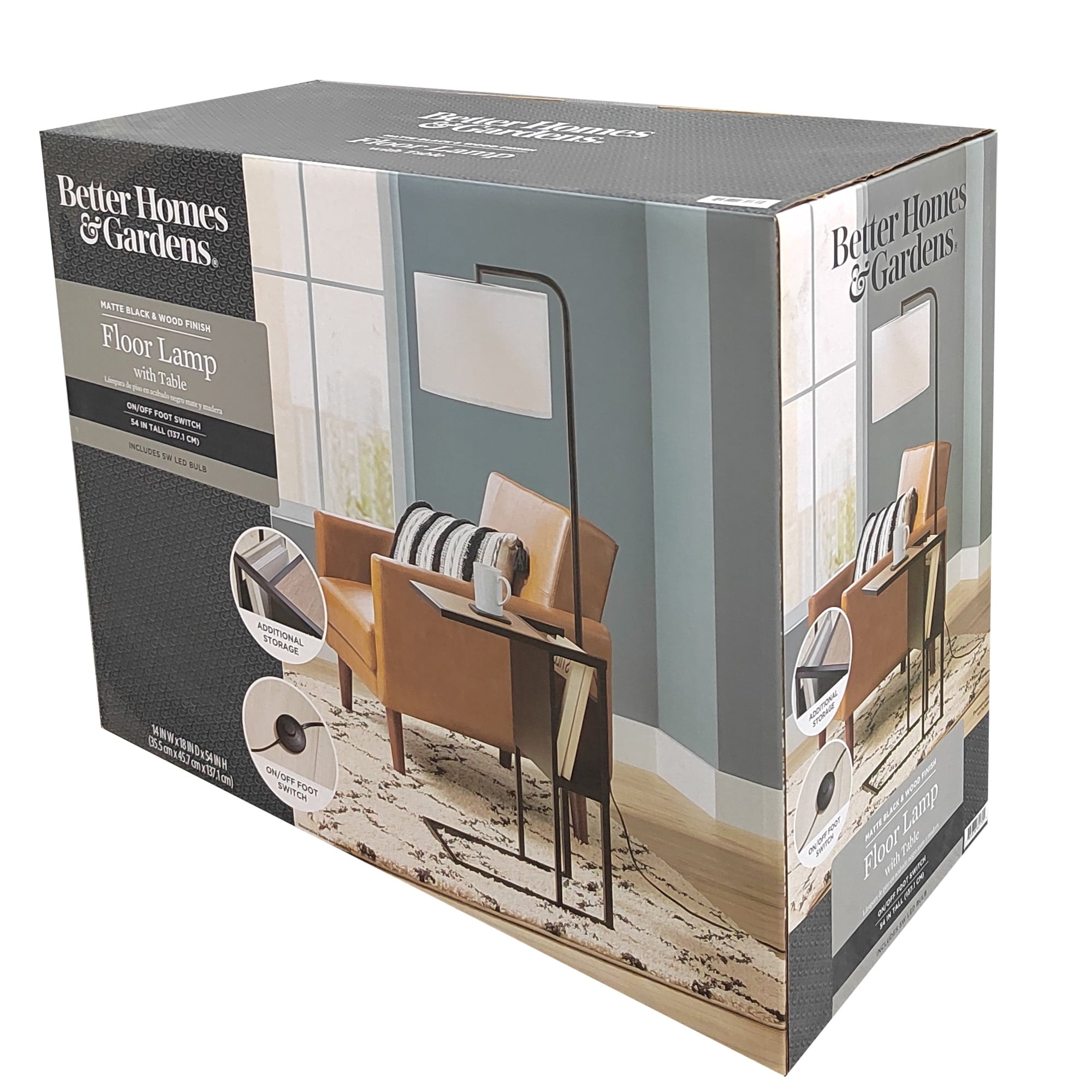  54"  Matte Black Metal Floor Lamp with Faux Wood Table and Magazine Rack