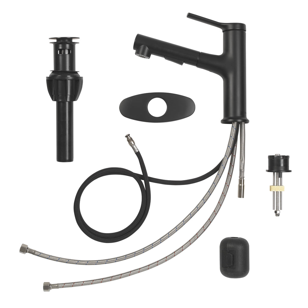  Pull-Out Bathroom Sink Faucet with Pop-up Drain and Optional Deckplate, Matte Black