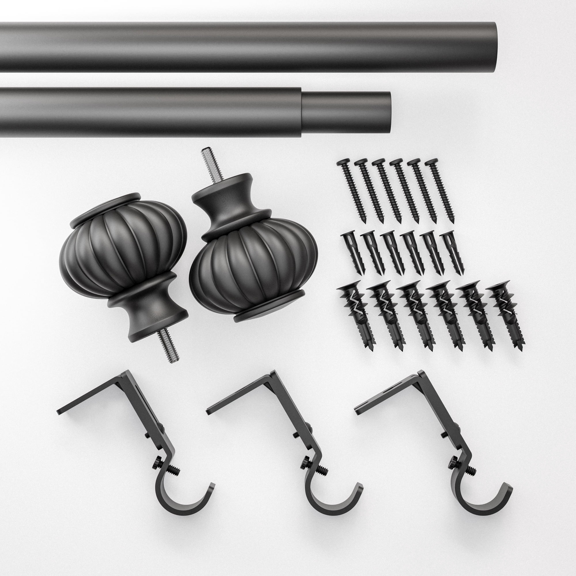  1" Matte Black Ribbed Knob Adjustable Single Rod Set, 42"-120"