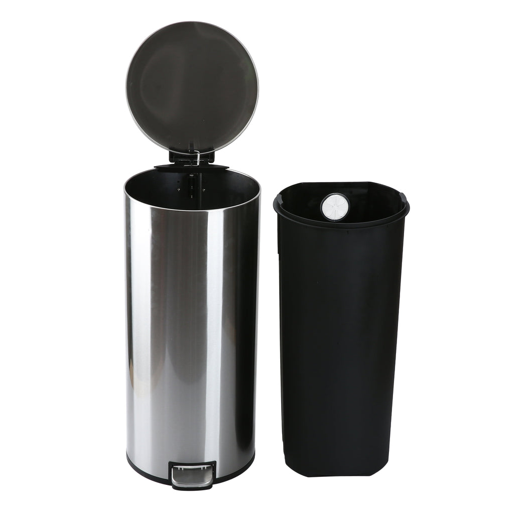  Kitchen Trash Can, 7.9 Gallon Stainless Steel Round Step Garbage Bin with Soft Close Lid, Silver