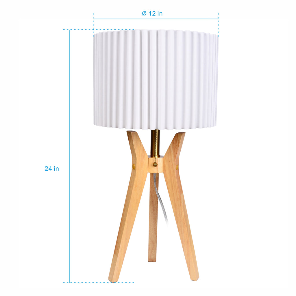  24" Tripod Table Lamp with Natural Wood Base and Pleated Shade