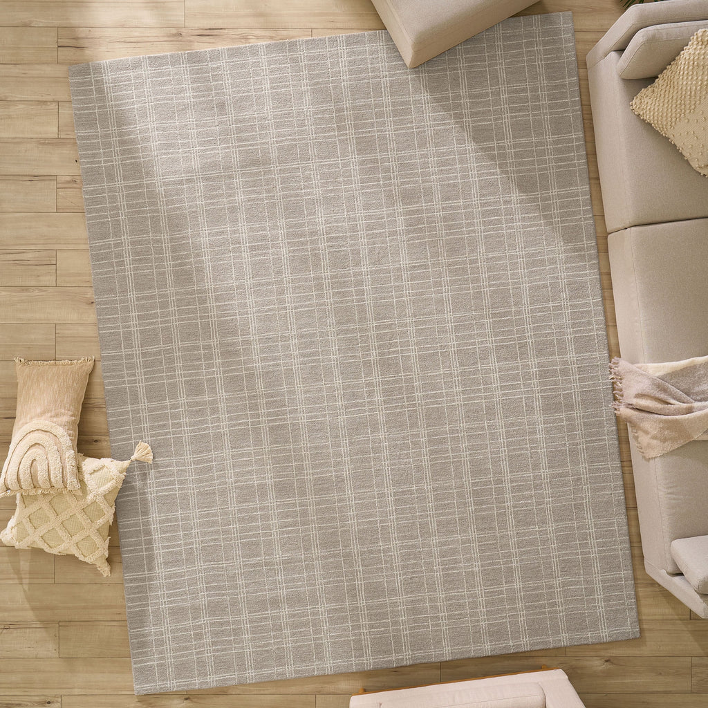  Beige Plaid Wool Indoor Area Rug, 7'10"x9'10"