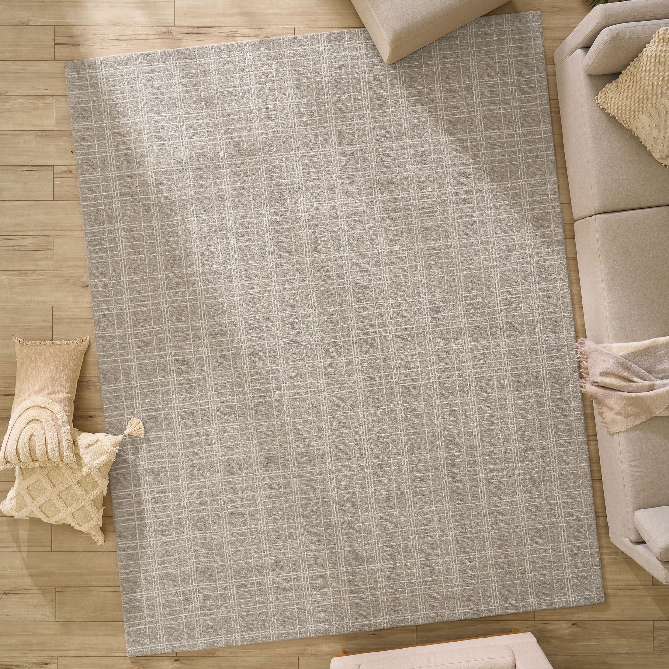 Beige Plaid Wool Indoor Area Rug, 7'10"x9'10"