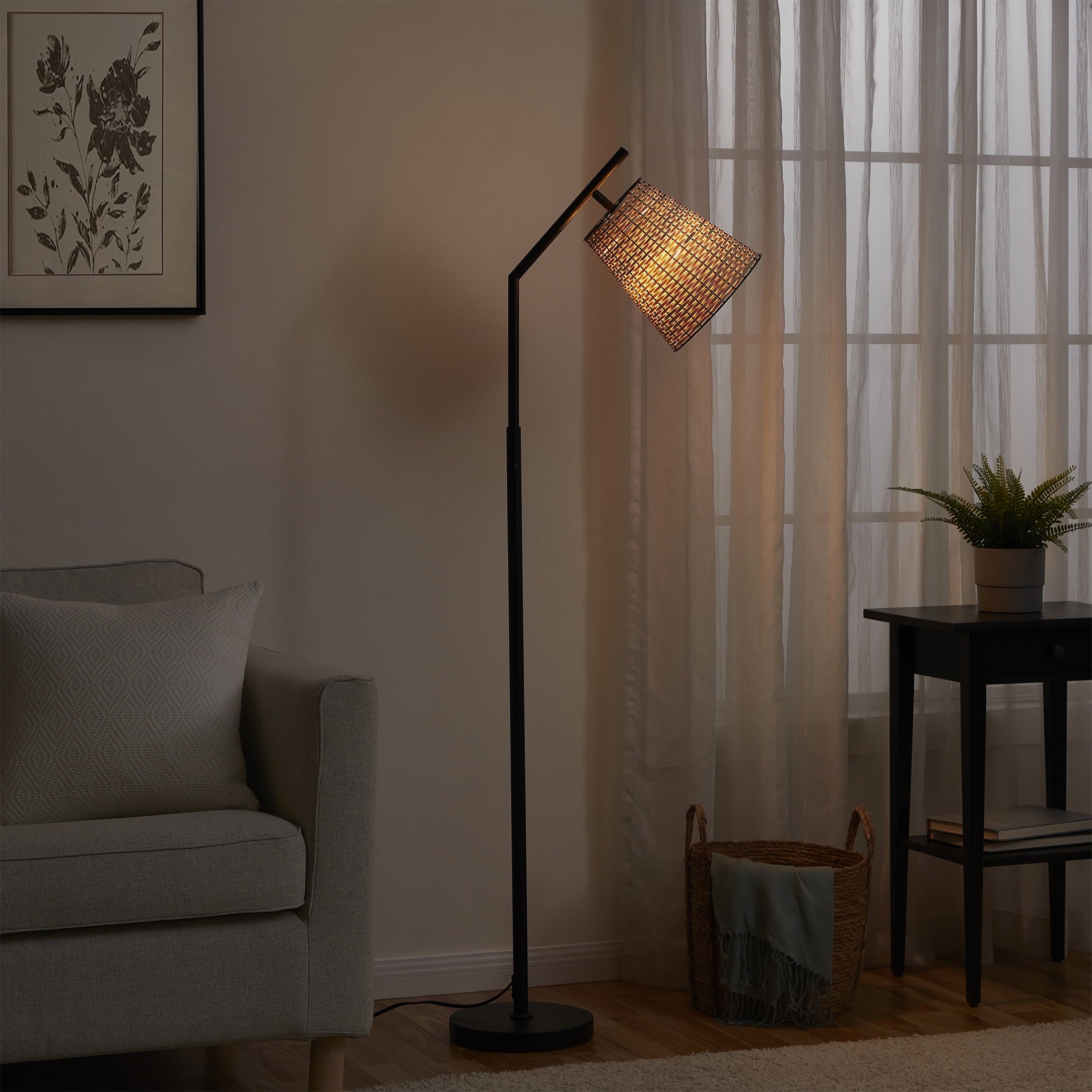  60� Boho Black Angled Floor Lamp with Natural Shade