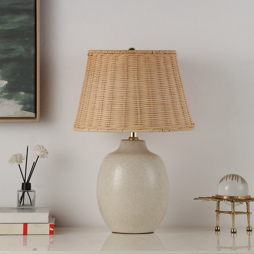  Cream Ceramic Table Lamp with Rattan Shade, 18 Inches