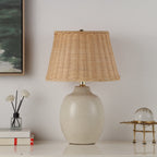  Cream Ceramic Table Lamp with Rattan Shade, 18 Inches