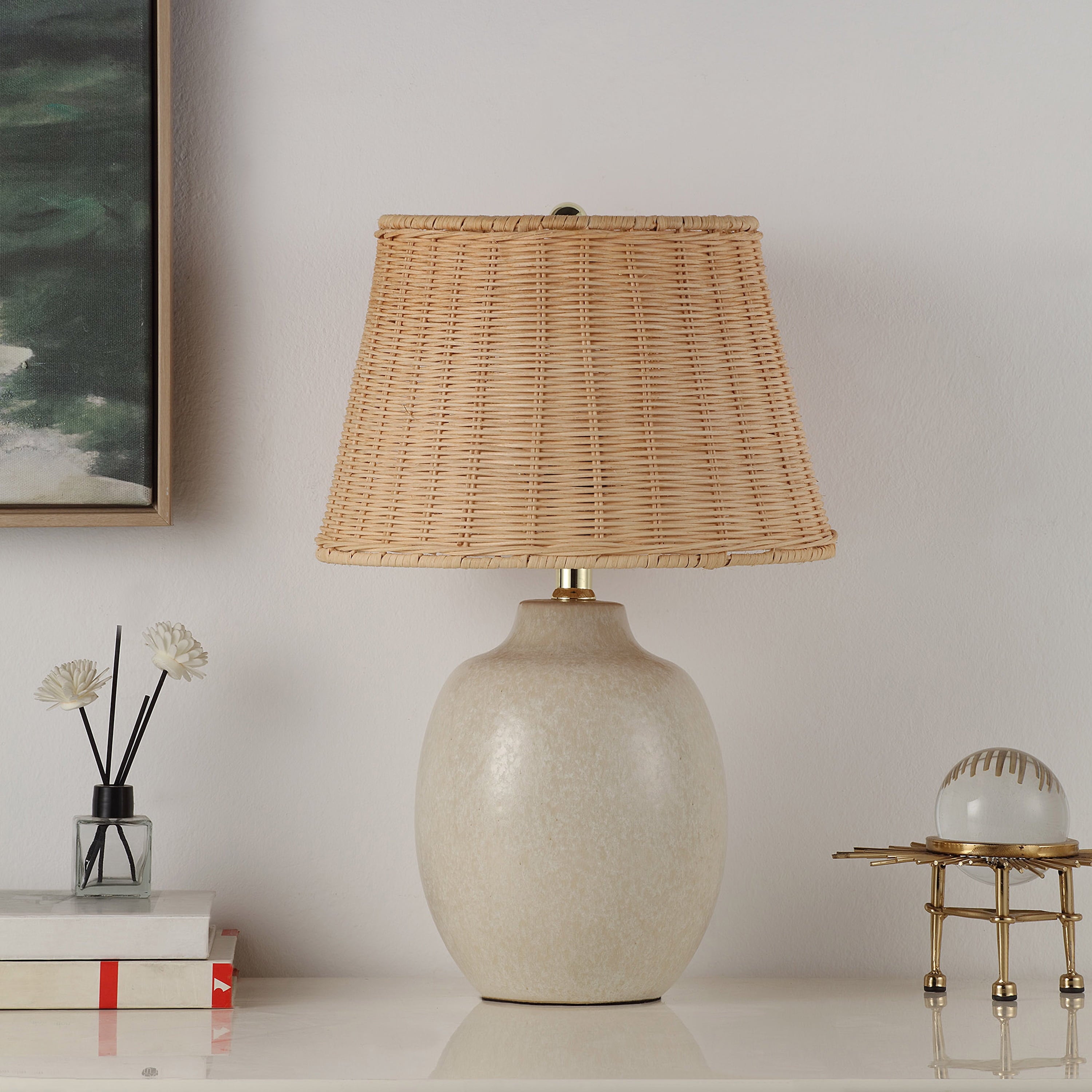  Cream Ceramic Table Lamp with Rattan Shade, 18 Inches