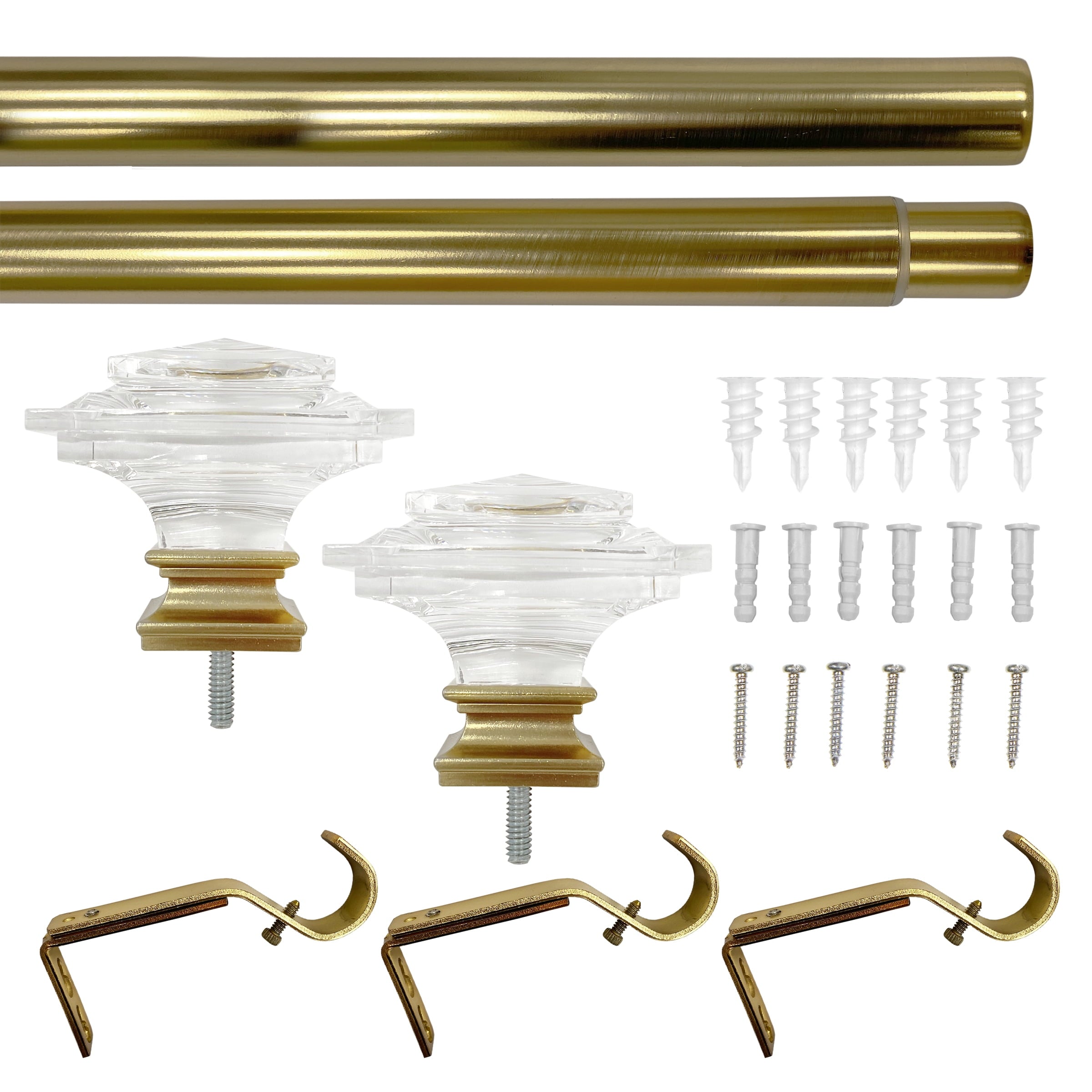  1� Clear Acrylic Square Single Curtain Rod, Brass, 42-120�