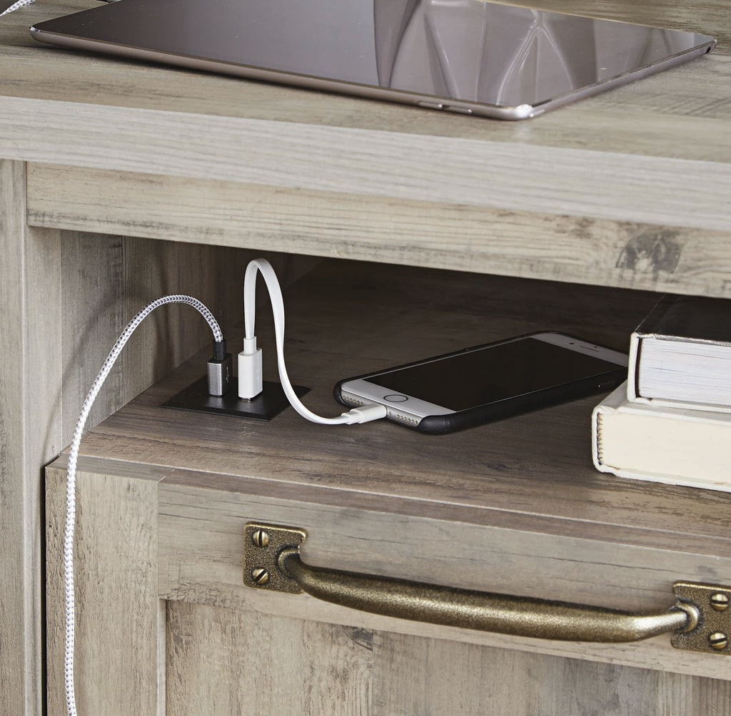  Modern Farmhouse Side Table with USB, Rustic Gray Finish