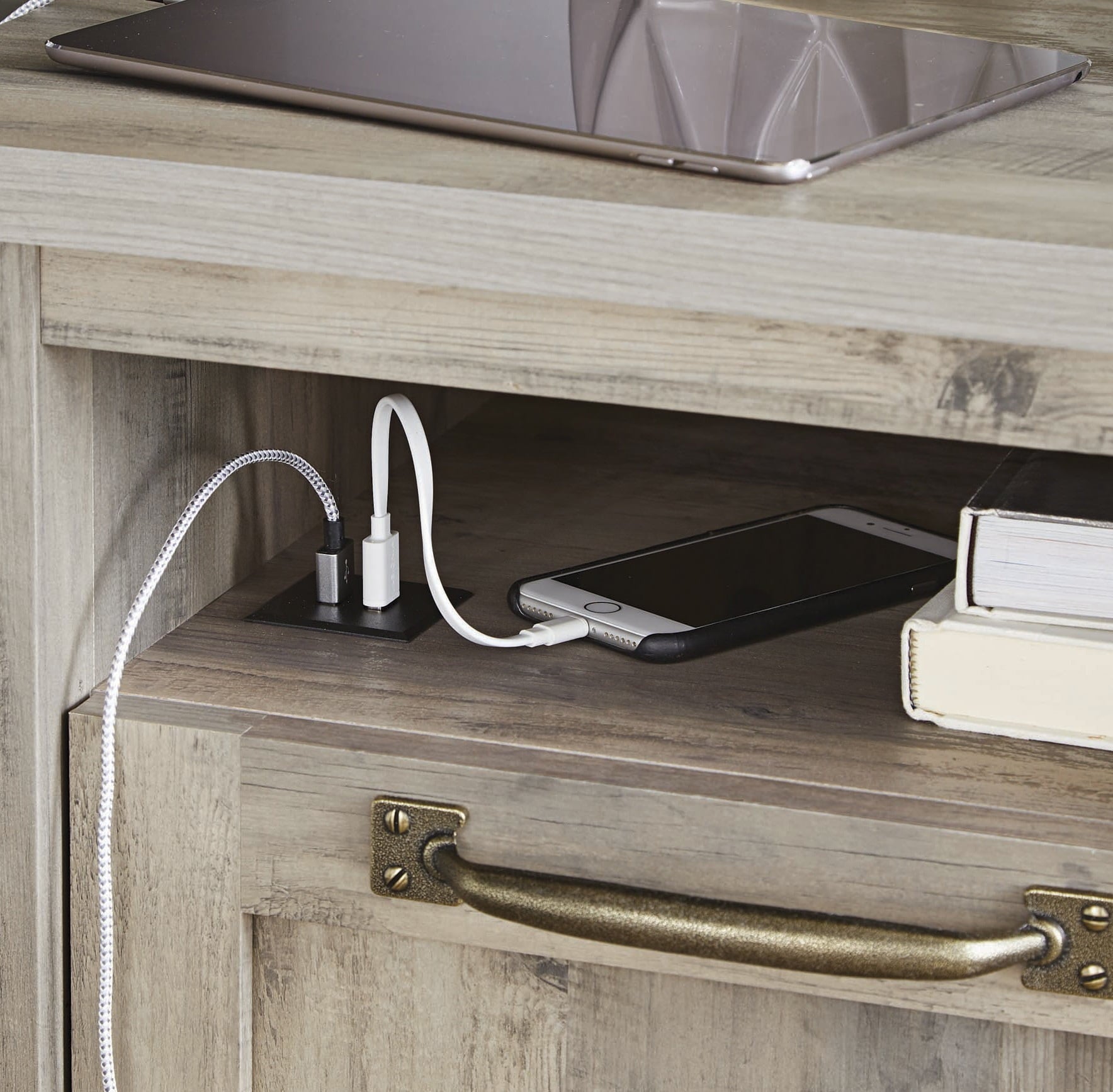  Modern Farmhouse Side Table with USB, Rustic Gray Finish