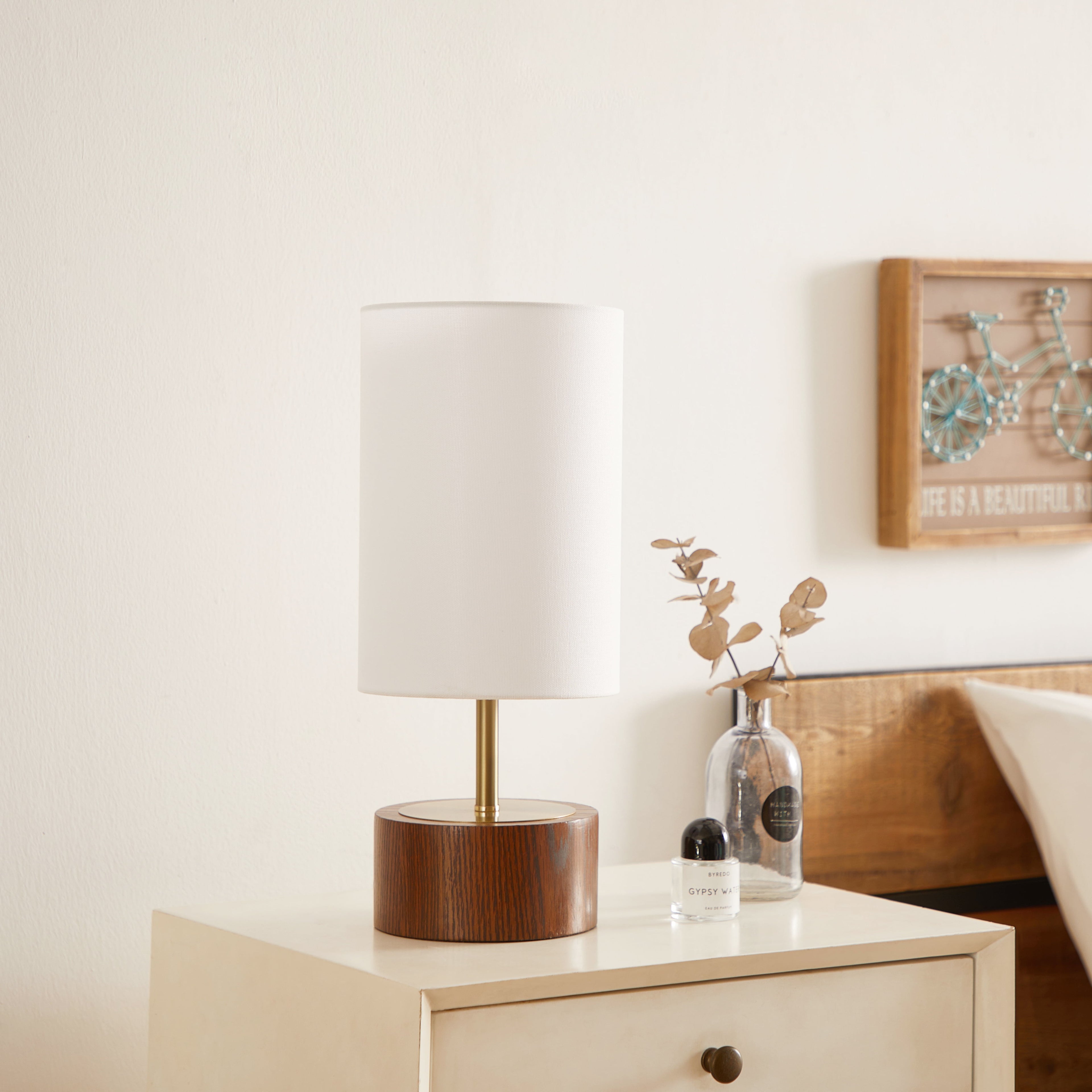  16.25" Walnut and Brushed Brass Finish Woodgrain Touch Table Lamp