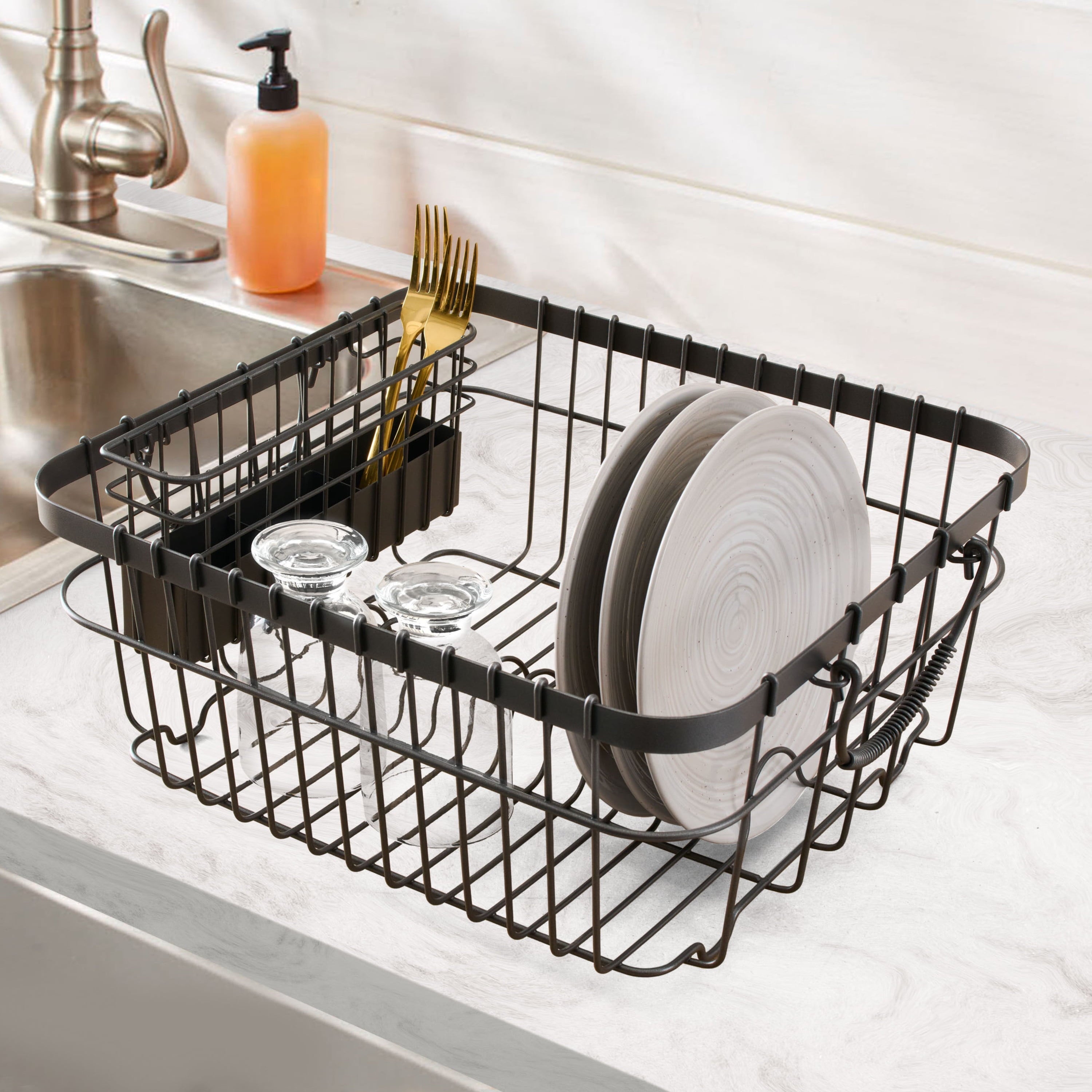  Metal Dish Rack with Caddy, Antique Gray, Best Used for Dish Drying and Sink Organization